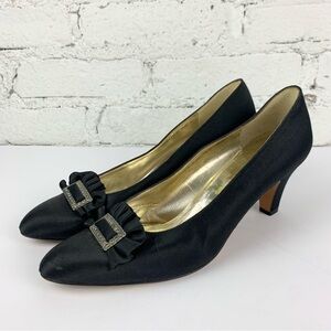 Salvador Ferragamo Black Satin Pump Heels Embellished Bow Toe 8 A4 Extra Narrow